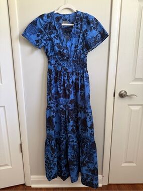 Anthropologie Blue Floral Tiered V-Neck Maxi Dress